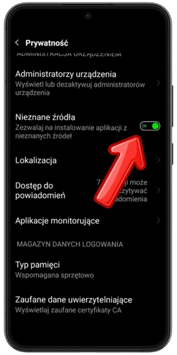 Ustawienia Android – włączenie opcji Nieznane źródła